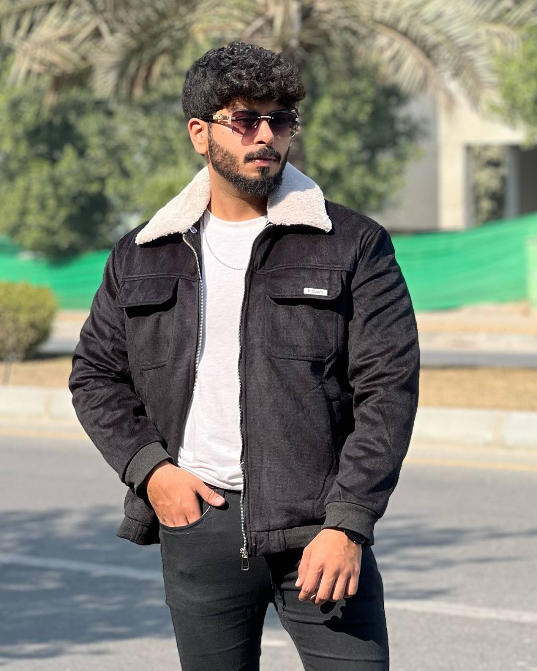 Men's Suede Bomber Jacket with Warm Sherpa Lining