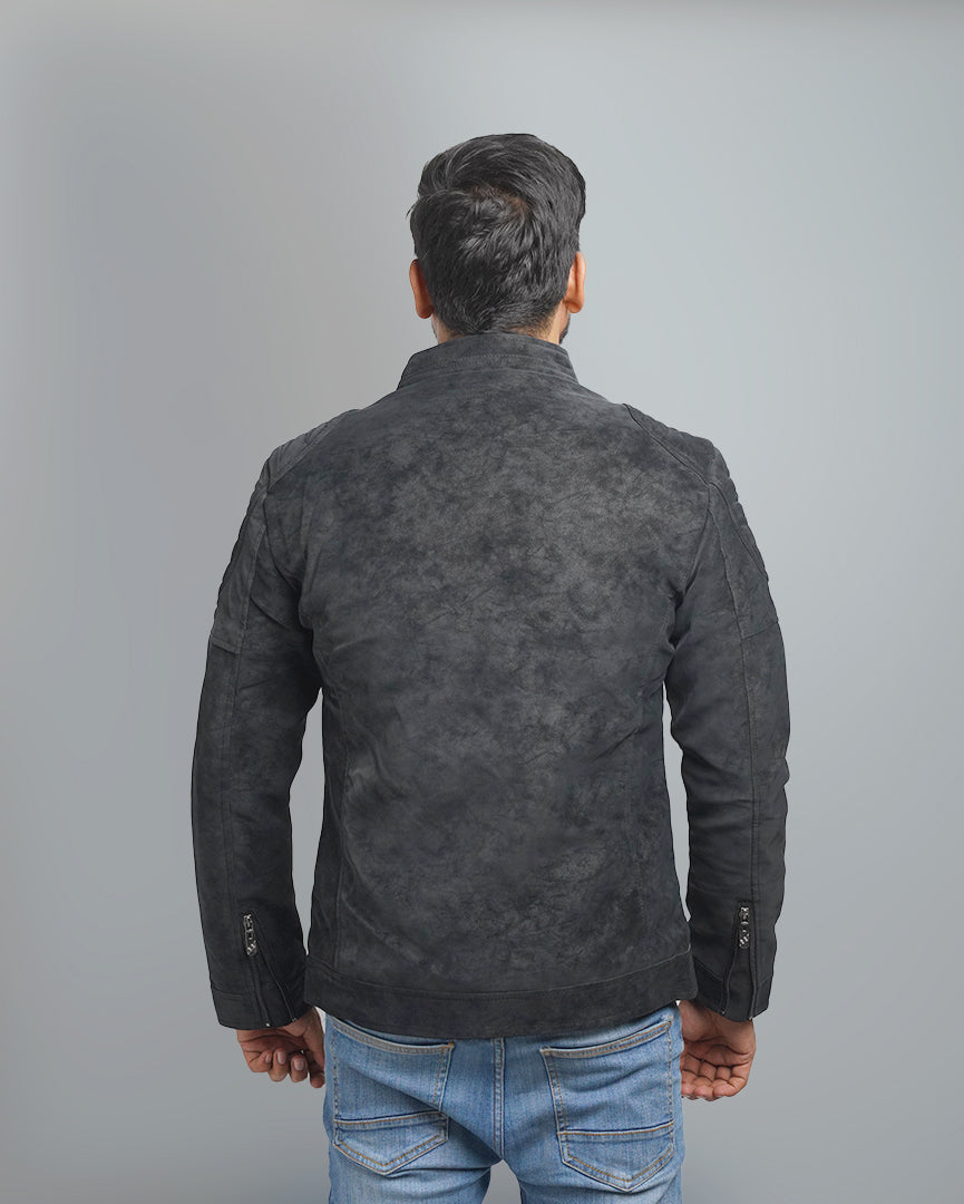 Men's Faux Suede Biker Jacket with Quilted Shoulder Detail - Moto Style Outerwear