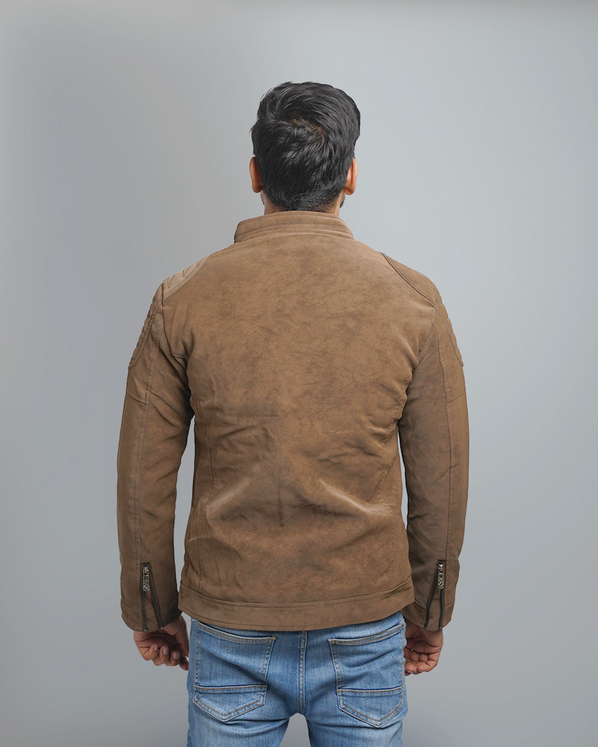 Men's Faux Suede Biker Jacket with Quilted Shoulder Detail - Moto Style Outerwear