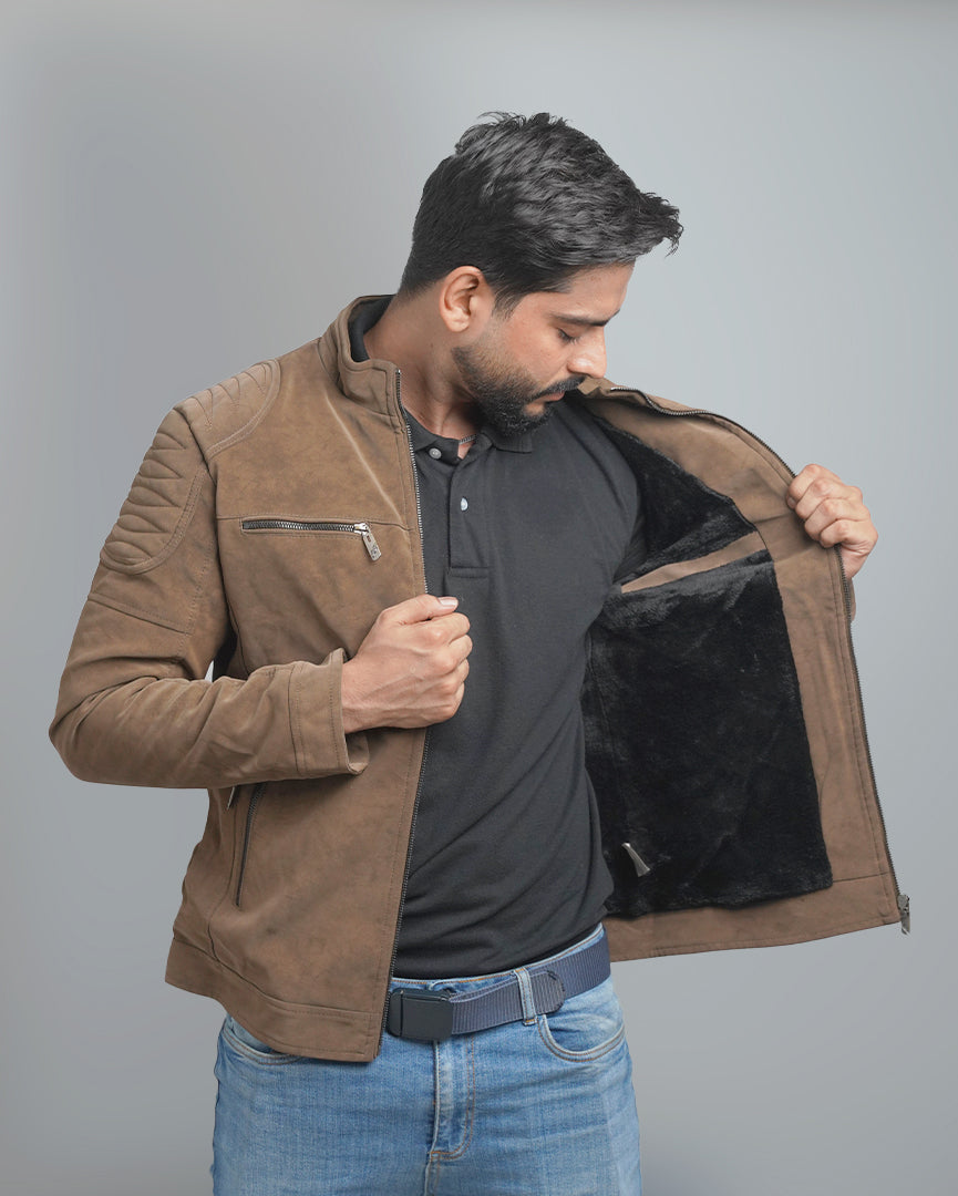 Men's Faux Suede Biker Jacket with Quilted Shoulder Detail - Moto Style Outerwear