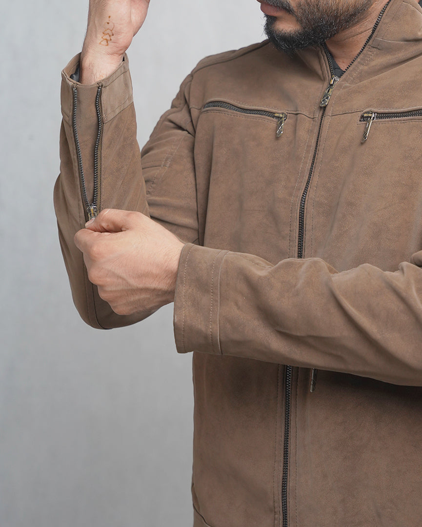 Men's Faux Suede Biker Jacket with Quilted Shoulder Detail - Moto Style Outerwear