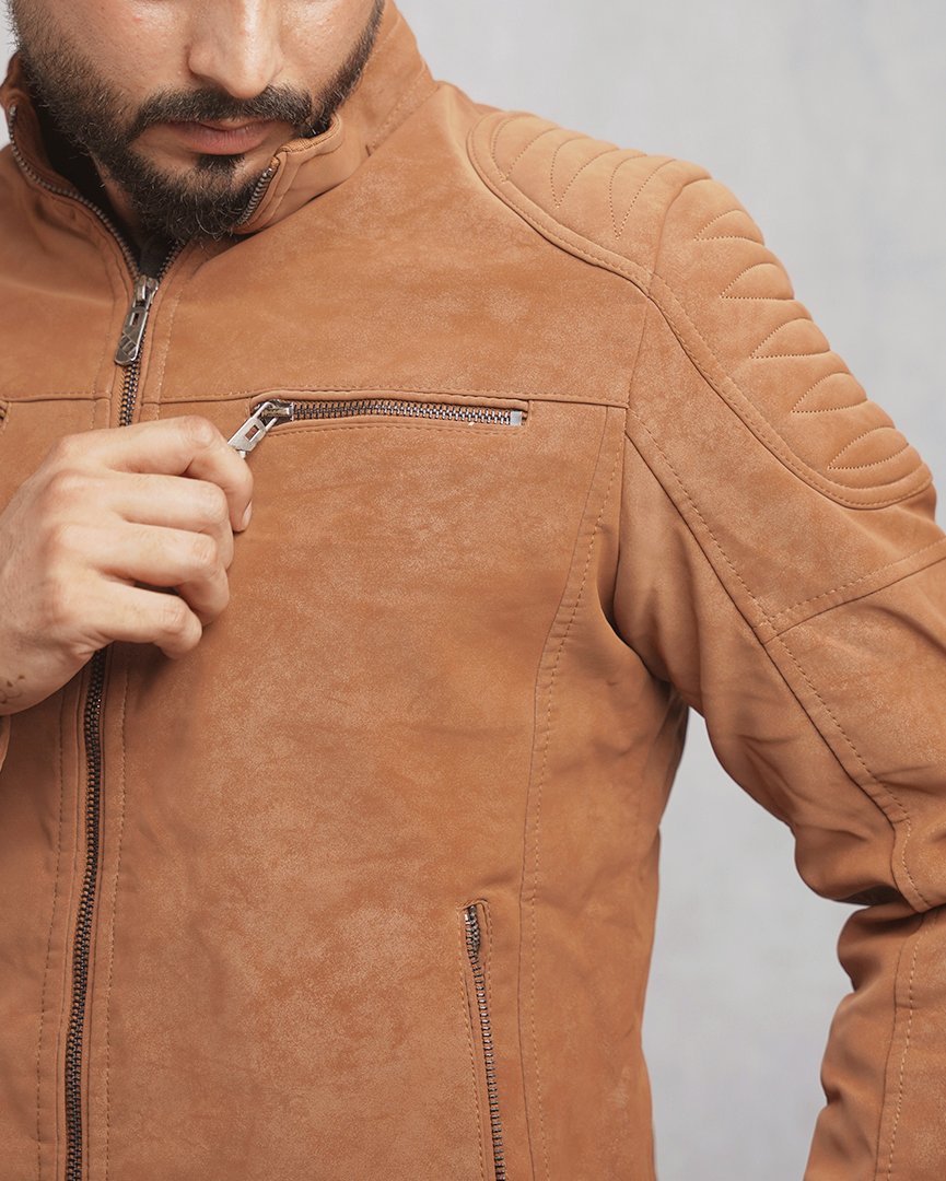 Men's Faux Suede Biker Jacket with Quilted Shoulder Detail - Moto Style Outerwear