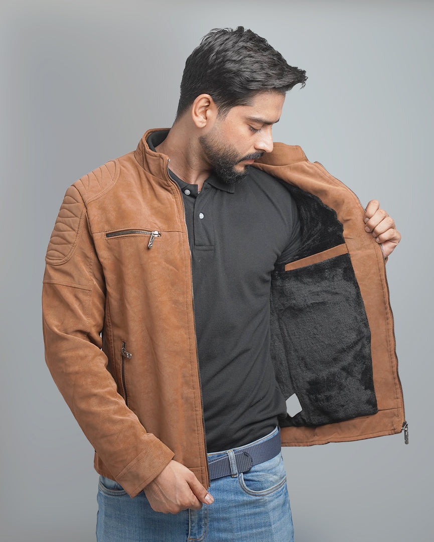 Men's Faux Suede Biker Jacket with Quilted Shoulder Detail - Moto Style Outerwear