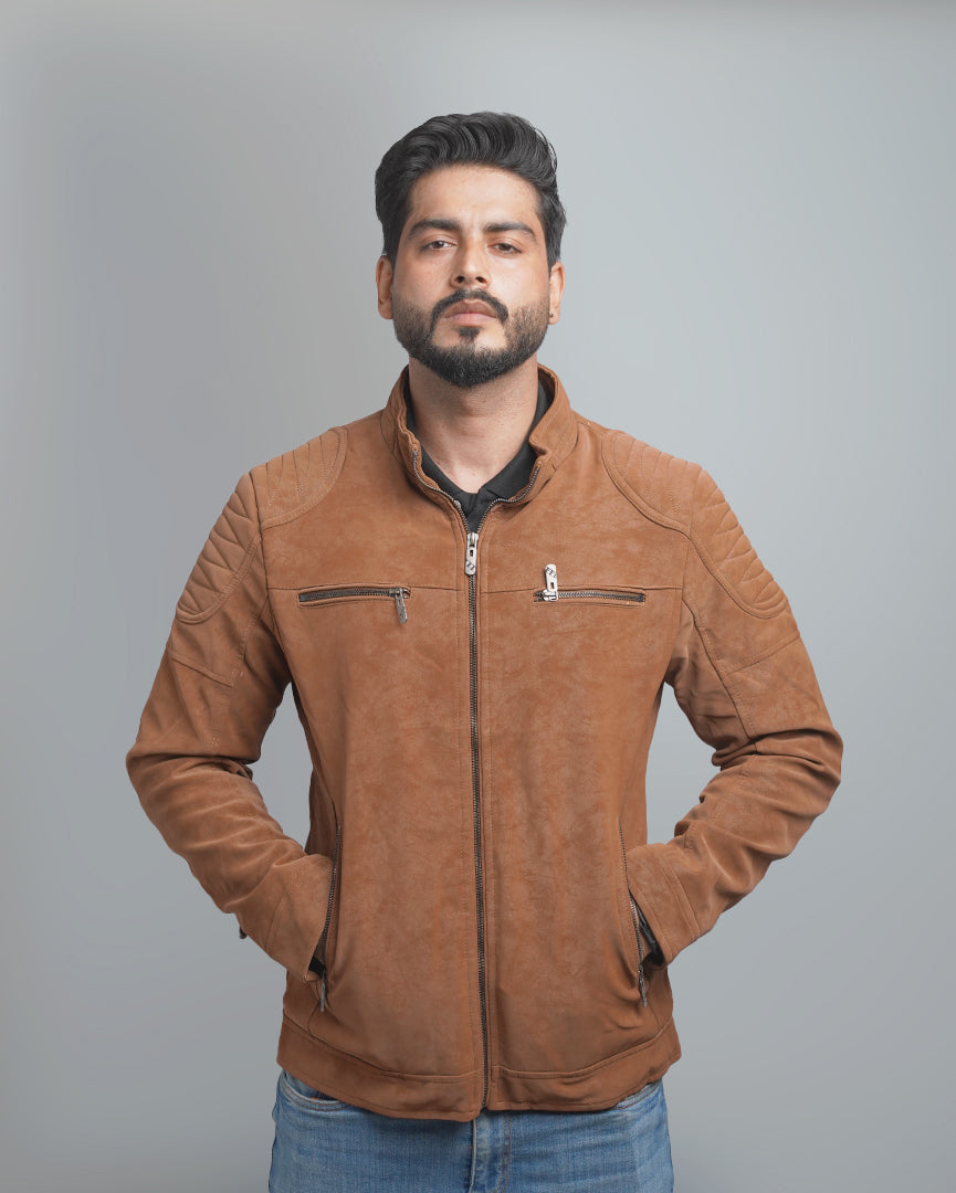 Men's Faux Suede Biker Jacket with Quilted Shoulder Detail - Moto Style Outerwear