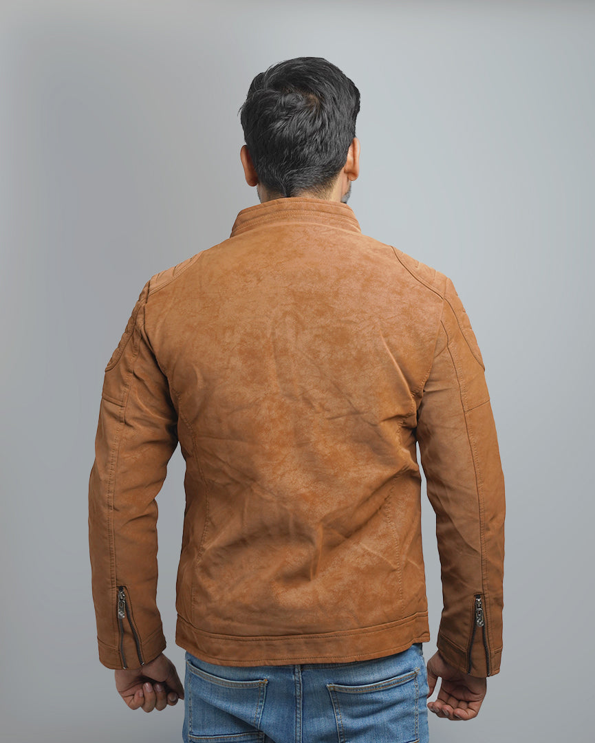 Men's Faux Suede Biker Jacket with Quilted Shoulder Detail - Moto Style Outerwear