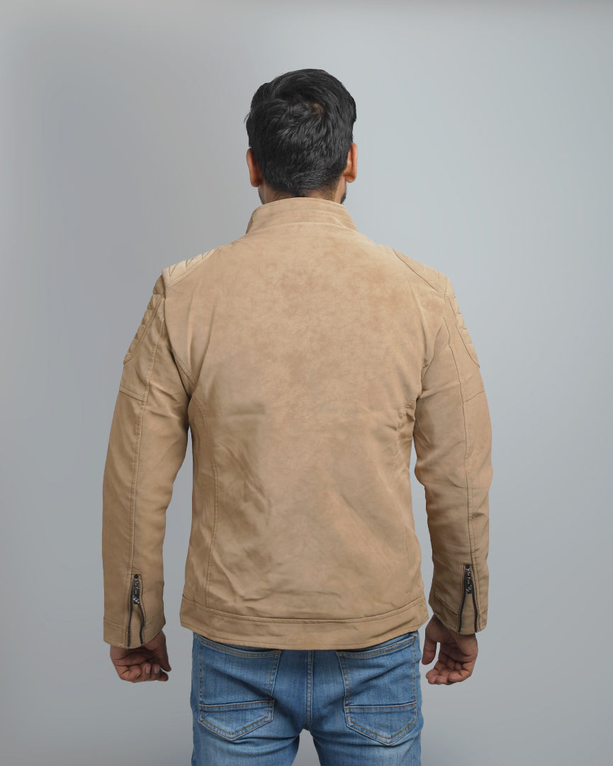 Men's Faux Suede Biker Jacket with Quilted Shoulder Detail - Moto Style Outerwear