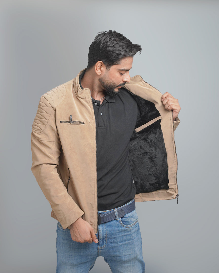 Men's Faux Suede Biker Jacket with Quilted Shoulder Detail - Moto Style Outerwear