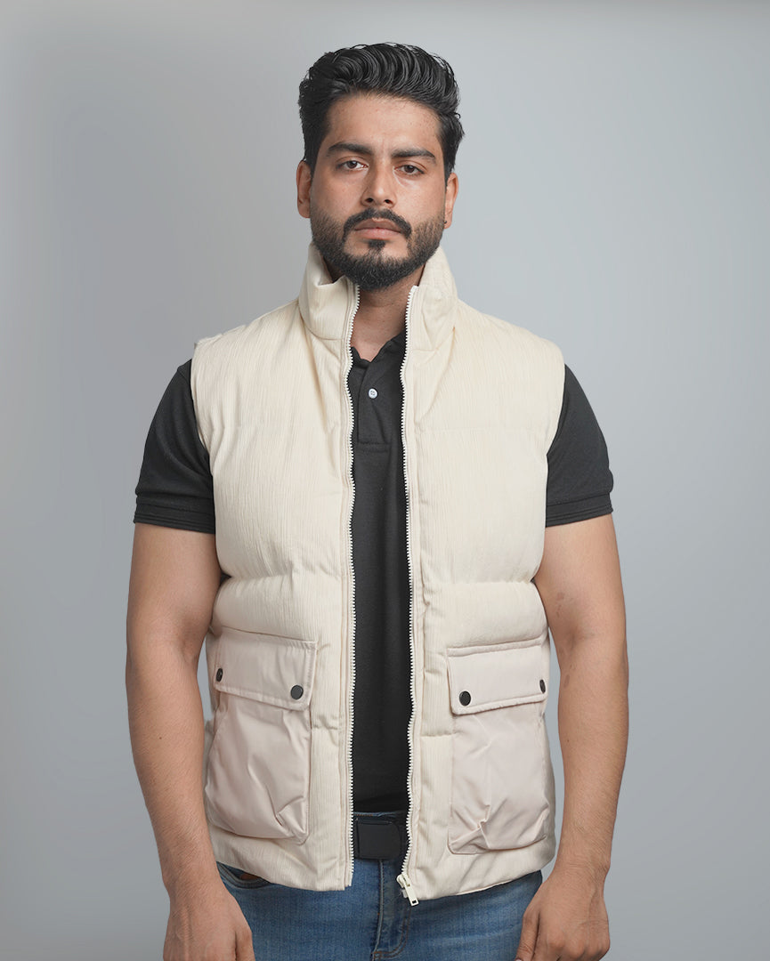 Men's Textured Puffer Vest with Utility Pockets - Insulated Sleeveless Outerwear