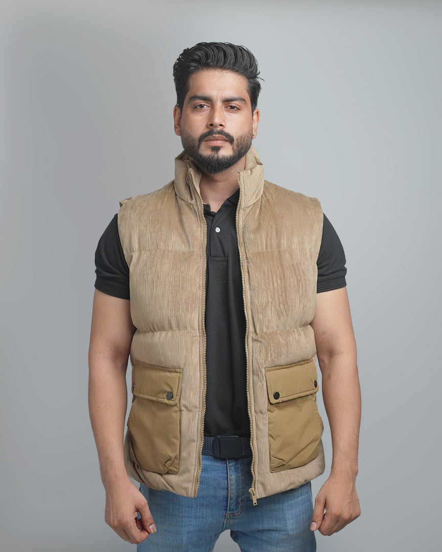 Men's Textured Puffer Vest with Utility Pockets - Insulated Sleeveless Outerwear