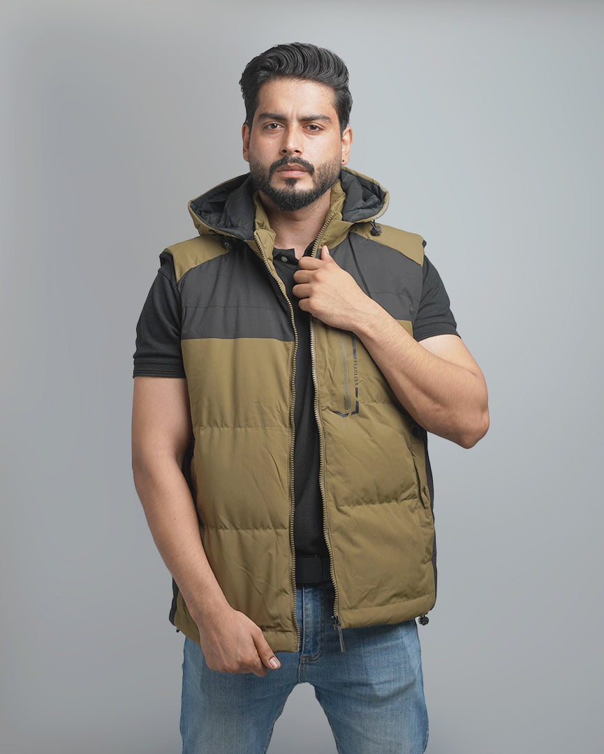 Men's Color Block Puffer Vest with Hood - Insulated Outdoor Sleeveless Jacket