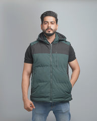 Men's Color Block Puffer Vest with Hood - Insulated Outdoor Sleeveless Jacket