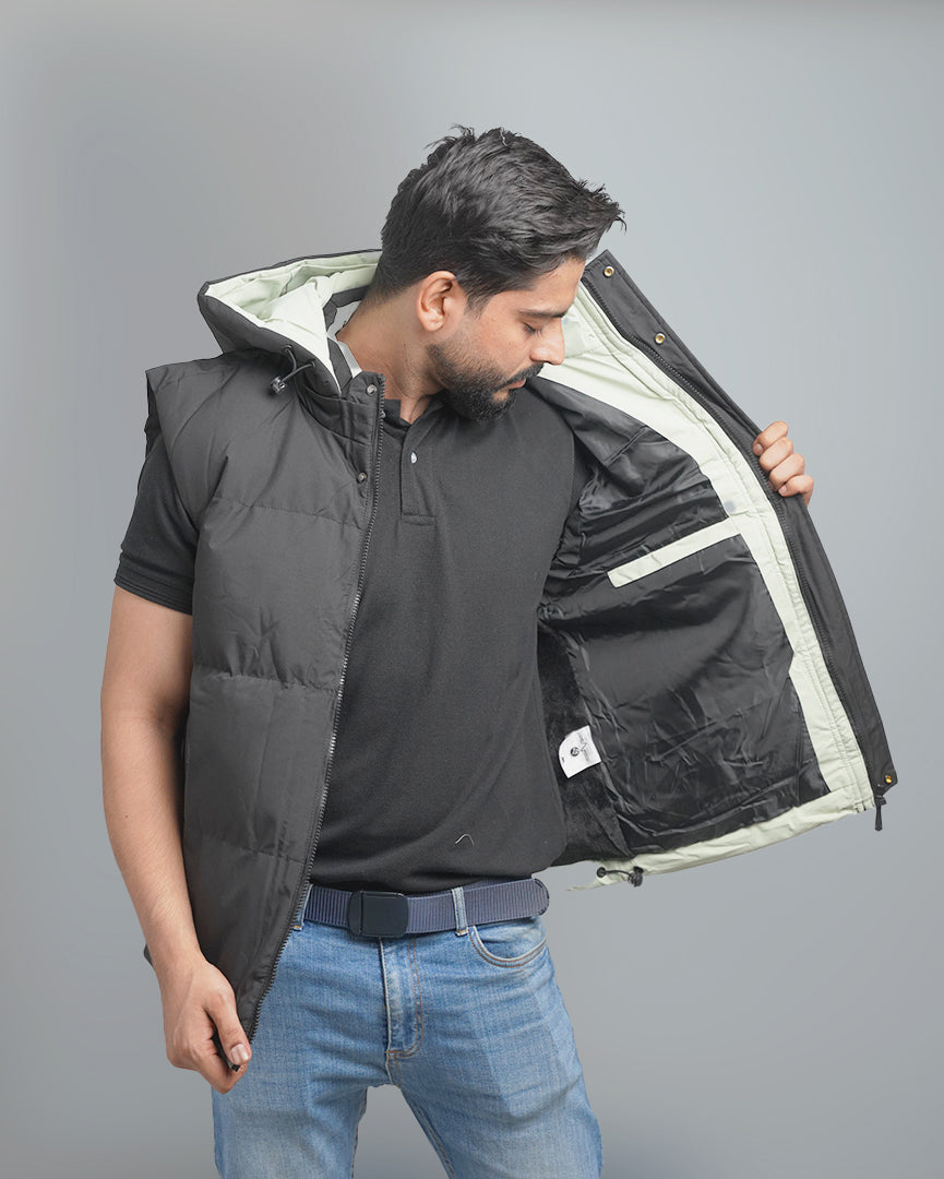 Men's Reversible Insulated Puffer Vest with Hood - Dual-Sided Sleeveless Outerwear