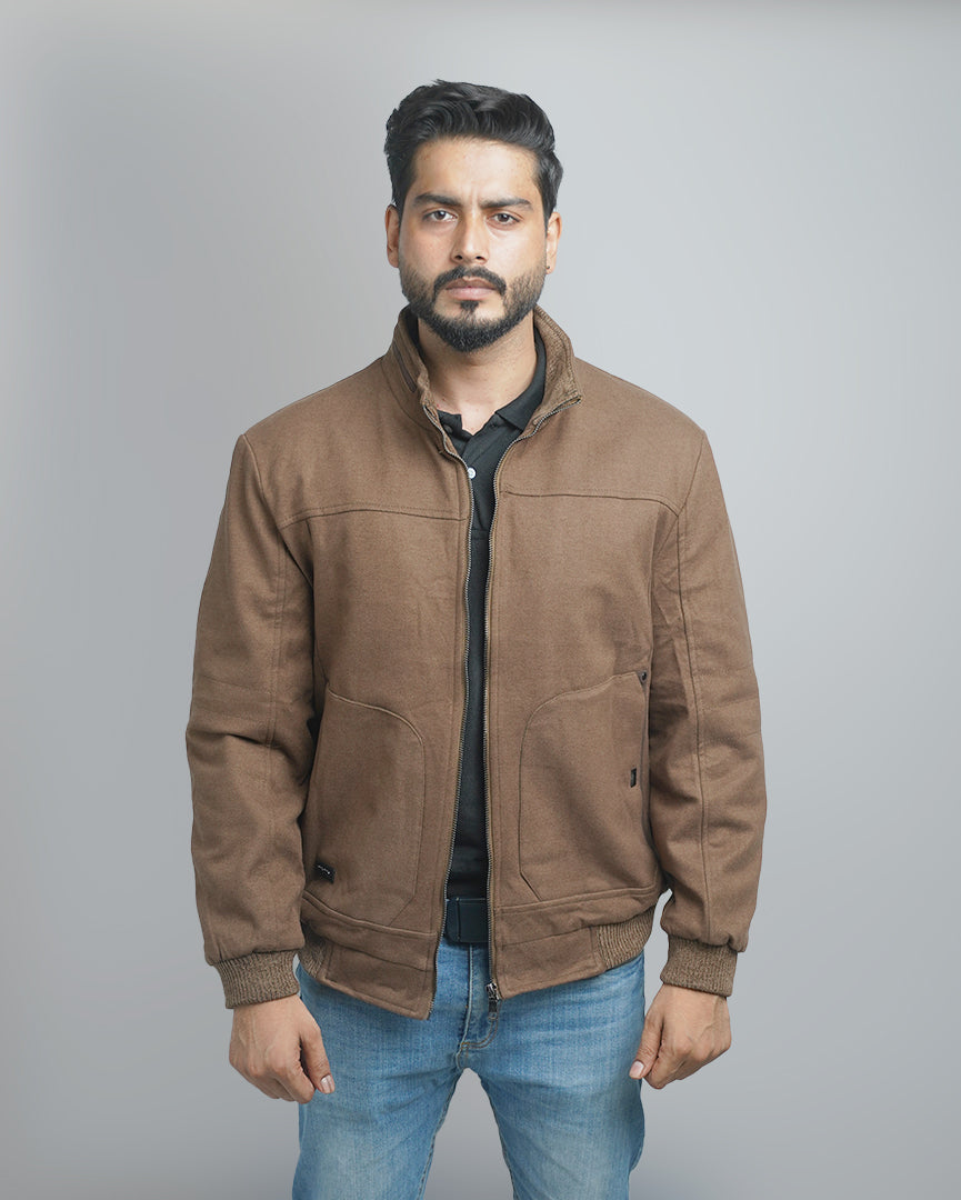 Men's Luxury Wool Blend Bomber Jacket with Faux Fur Shearling Collar