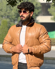 Men's Faux Leather Puffer Jacket with Removable Fur Collar