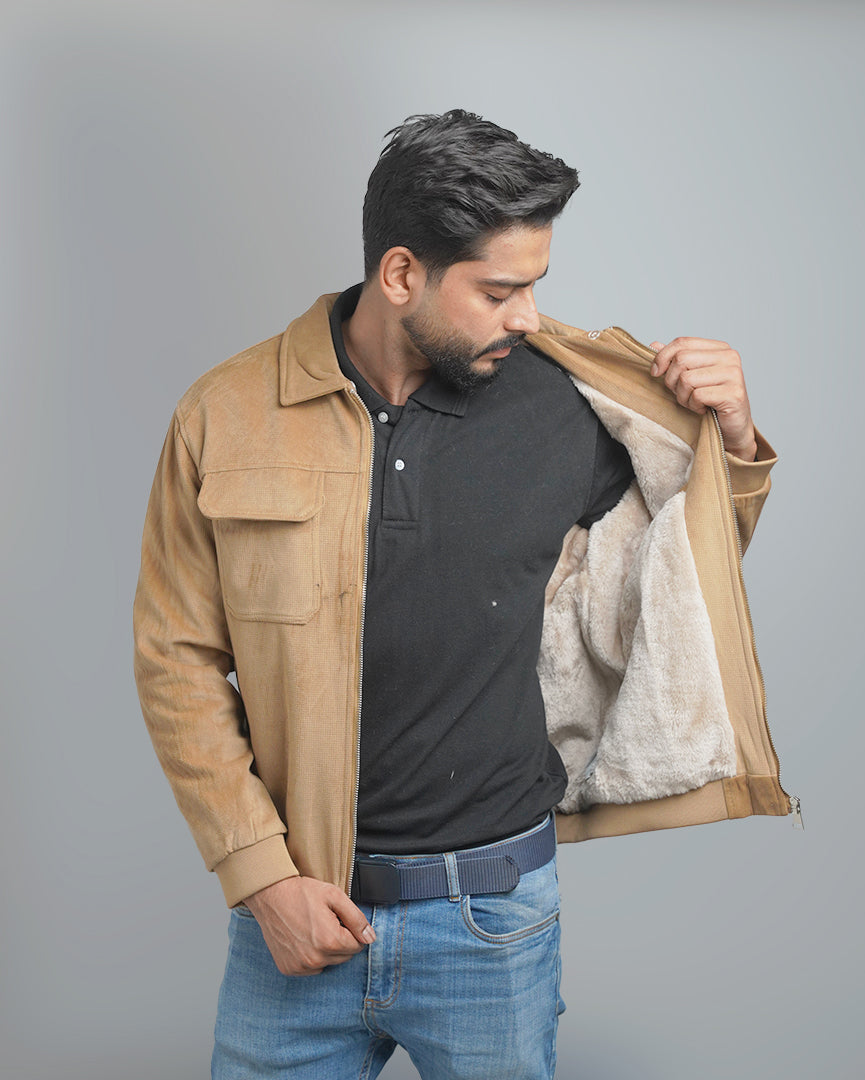 Men's Suede Bomber Jacket with Warm Sherpa Lining