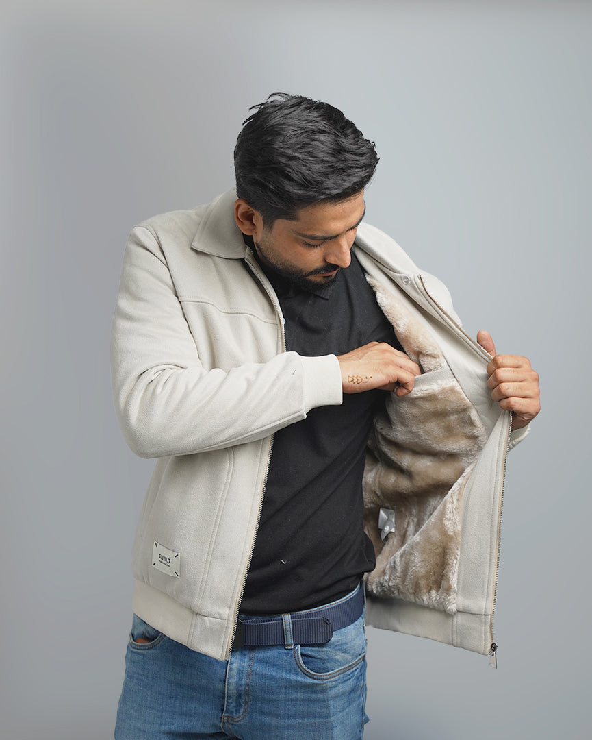 Men's Suede Bomber Jacket with Warm Sherpa Lining